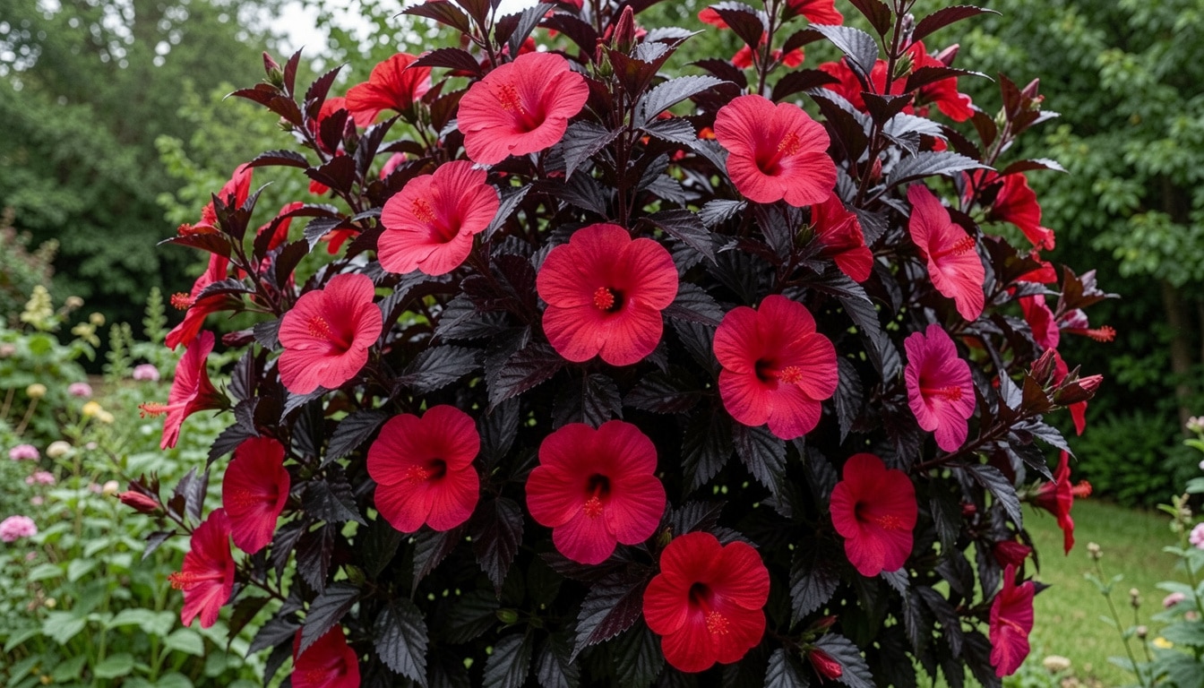 Mars Madness hibiscus with magenta flowers and dark foliage