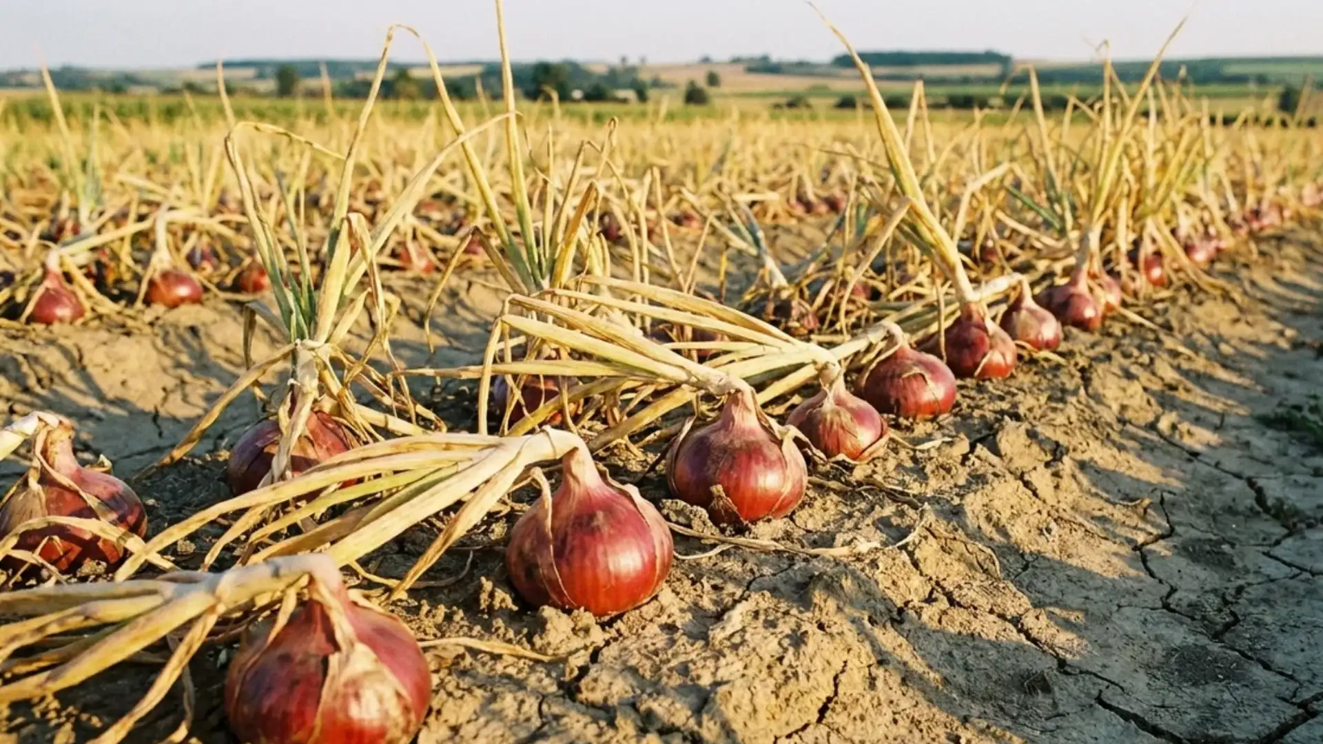 Mature onion plants with yellowed fallen tops and exposed bulbs
