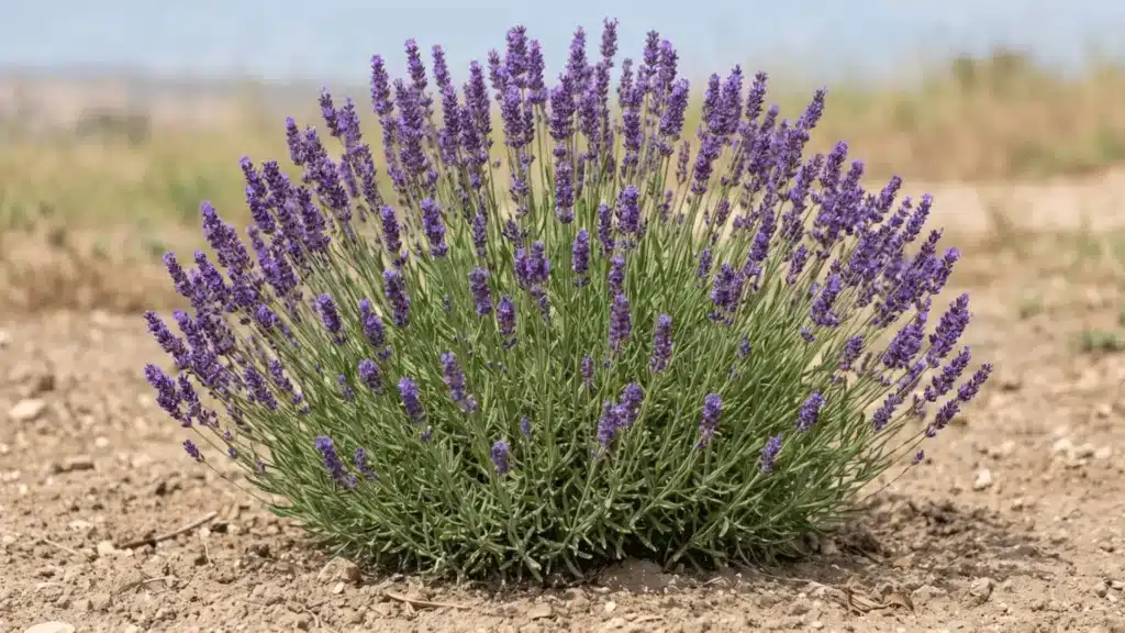 Mature flowering lavender shrub with dense purple flower spikes growing in dry soil.