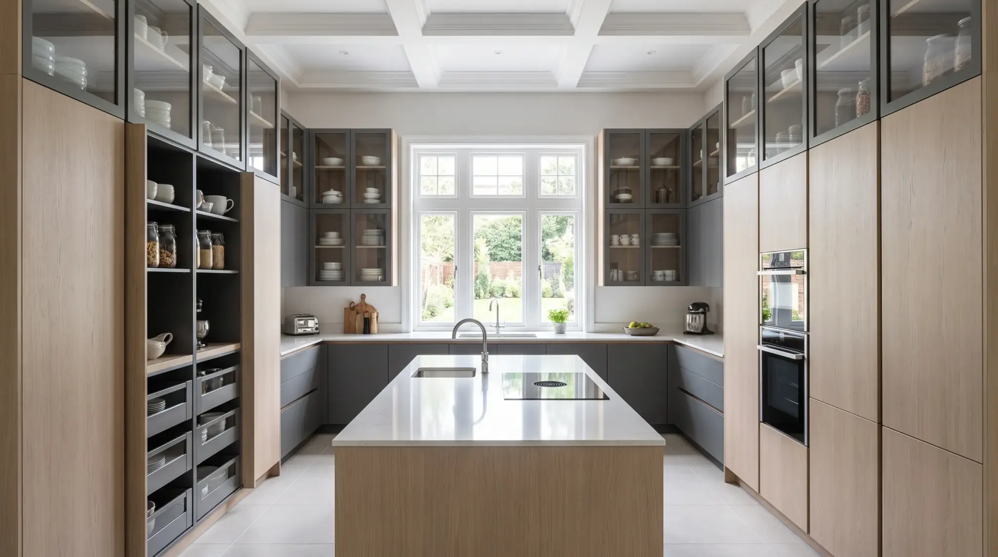 U-shaped kitchen with full-height cabinets providing extra storage space