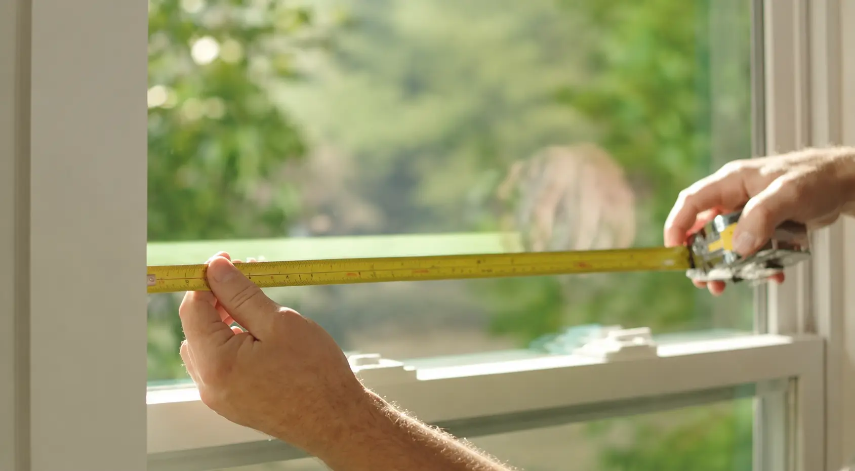 Hands measuring a window width with a tape measure across the window frame
