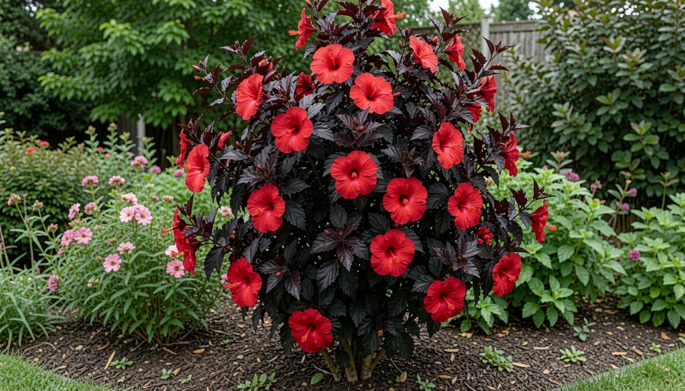 Midnight Marvel hibiscus with scarlet-red flowers and near-black foliage