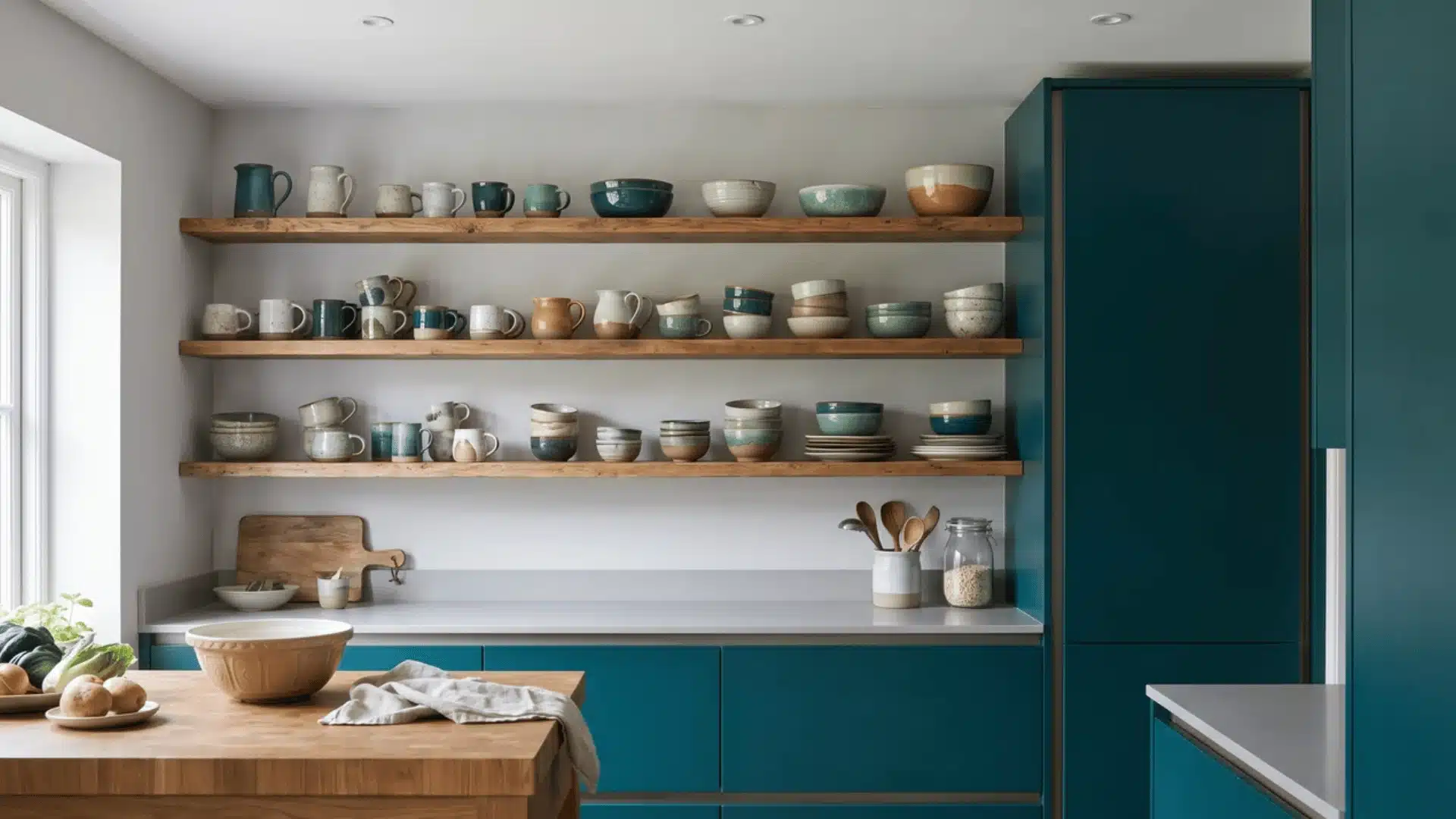 Mismatched ceramics and mugs grouped by glaze color on wood shelves in a colorful eclectic kitchen