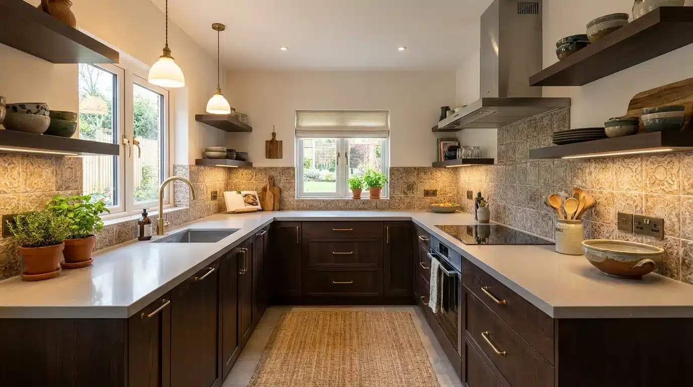 U-shaped kitchen mixing wood, stone, and tile finishes for character