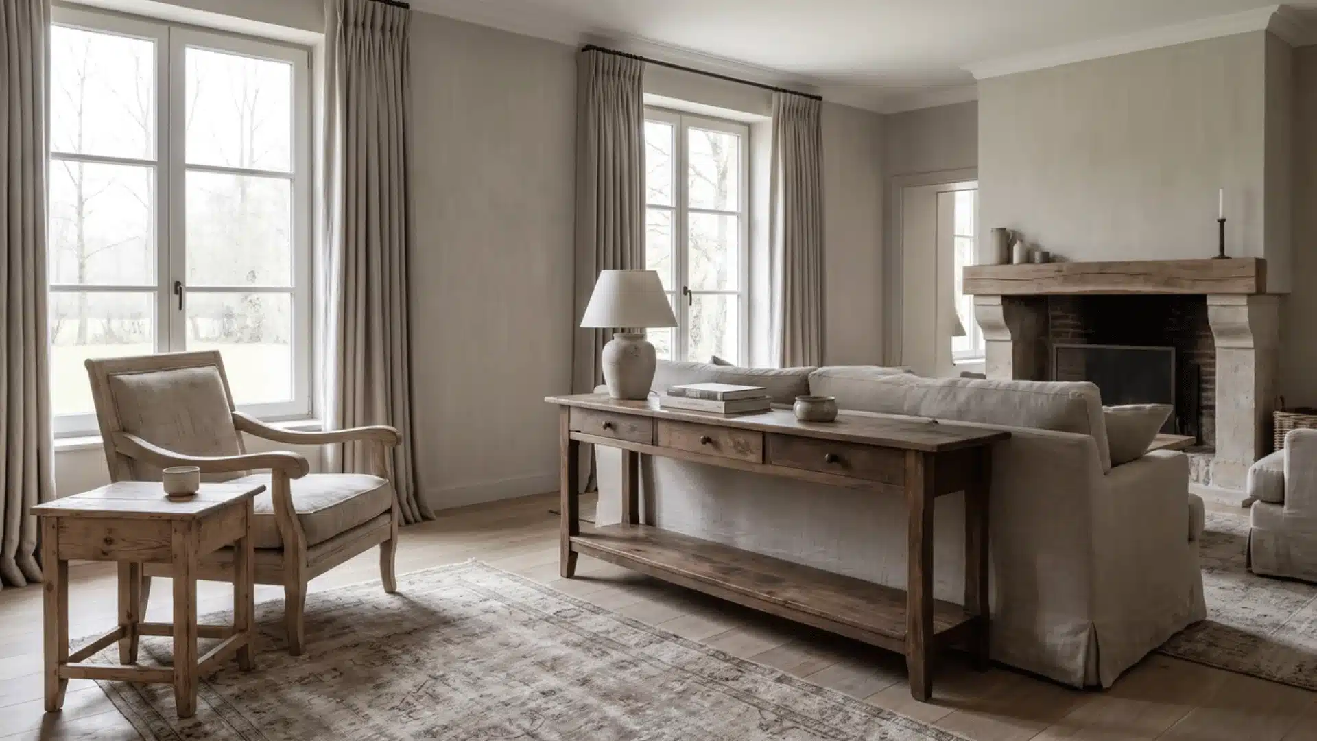 Mixed wood finishes on furniture in a French country living room