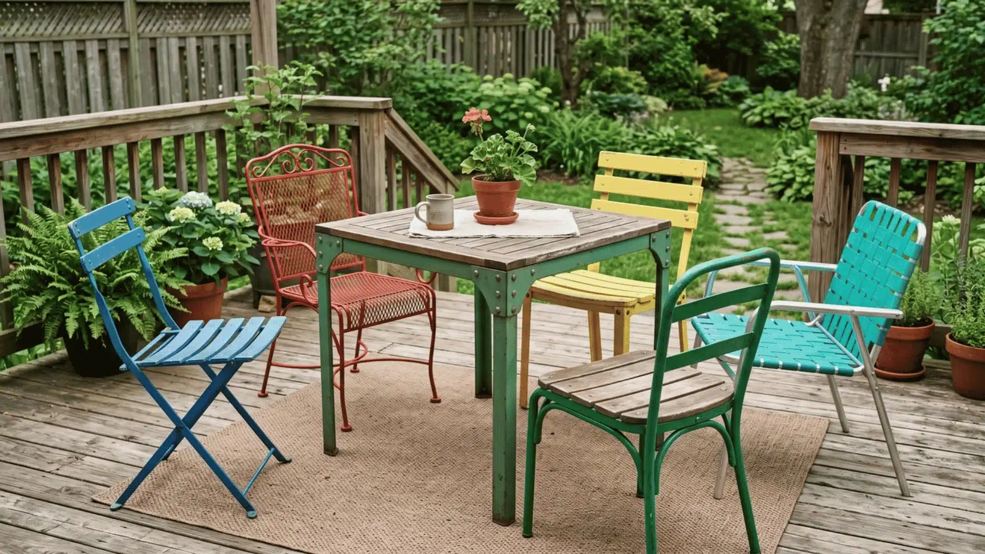 Mixed painted secondhand chairs and a table arranged on a backyard deck