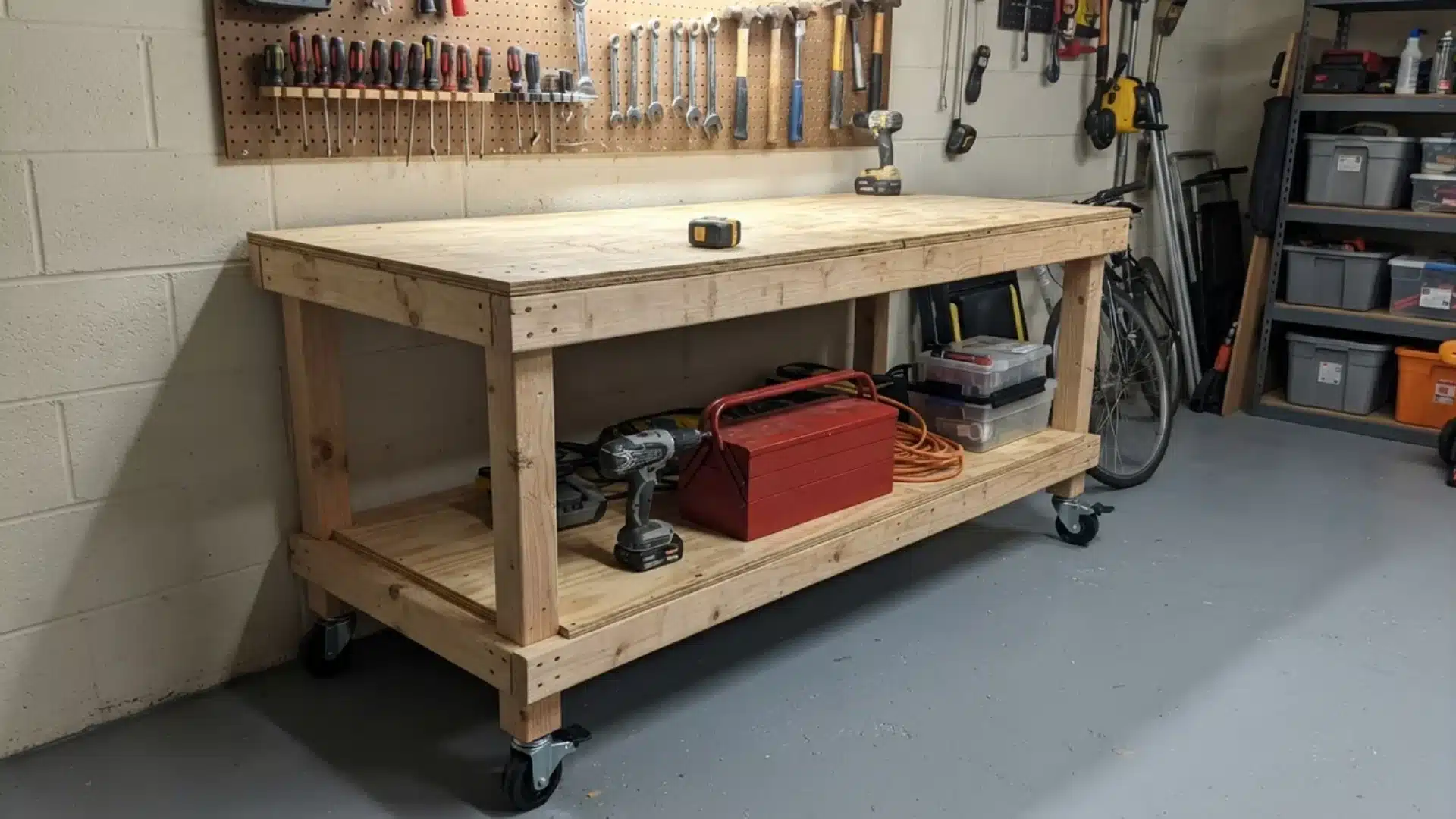 Mobile wooden workbench on locking caster wheels with red toolbox stored on lower shelf.