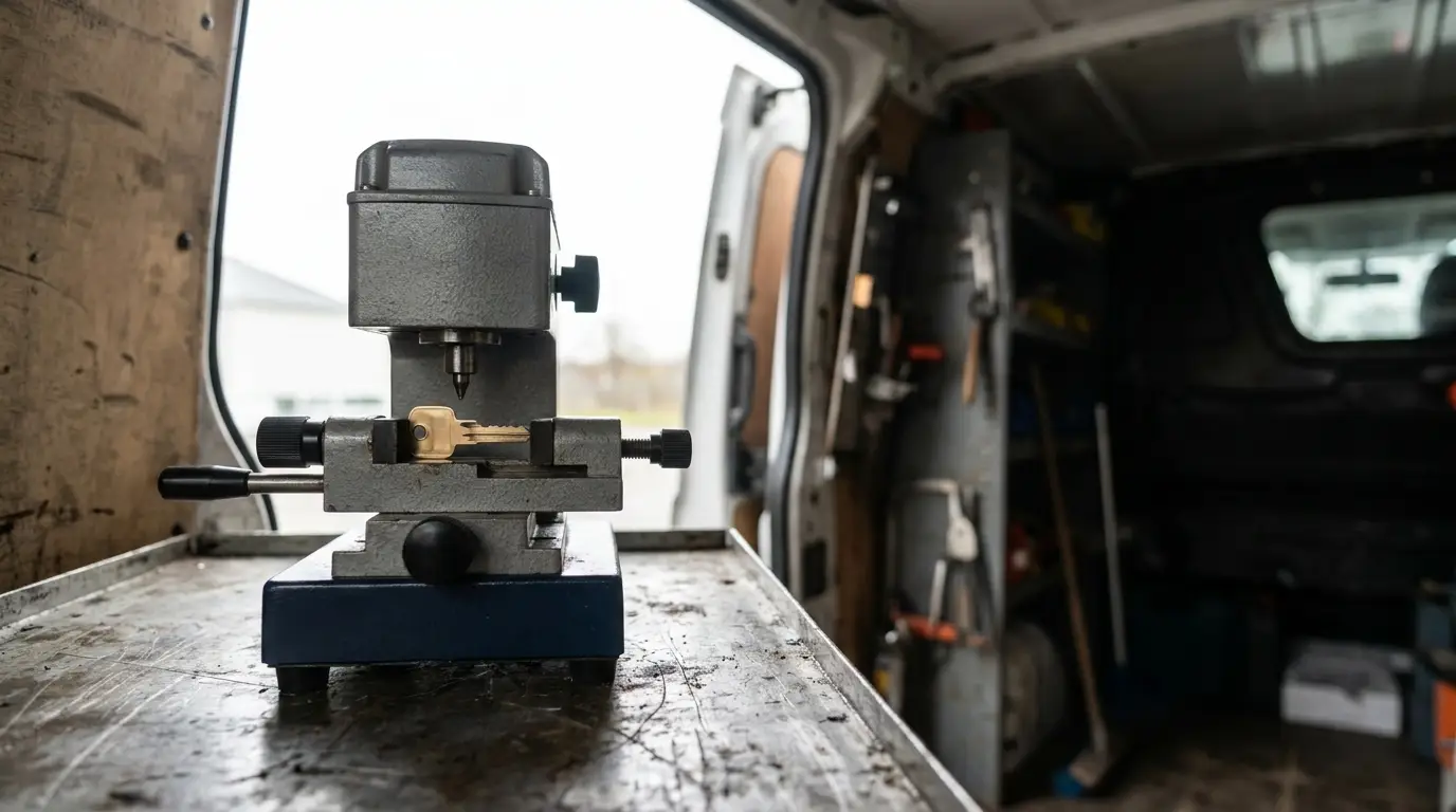 Key cutting machine on wooden table inside a work van with shelves and tools in background