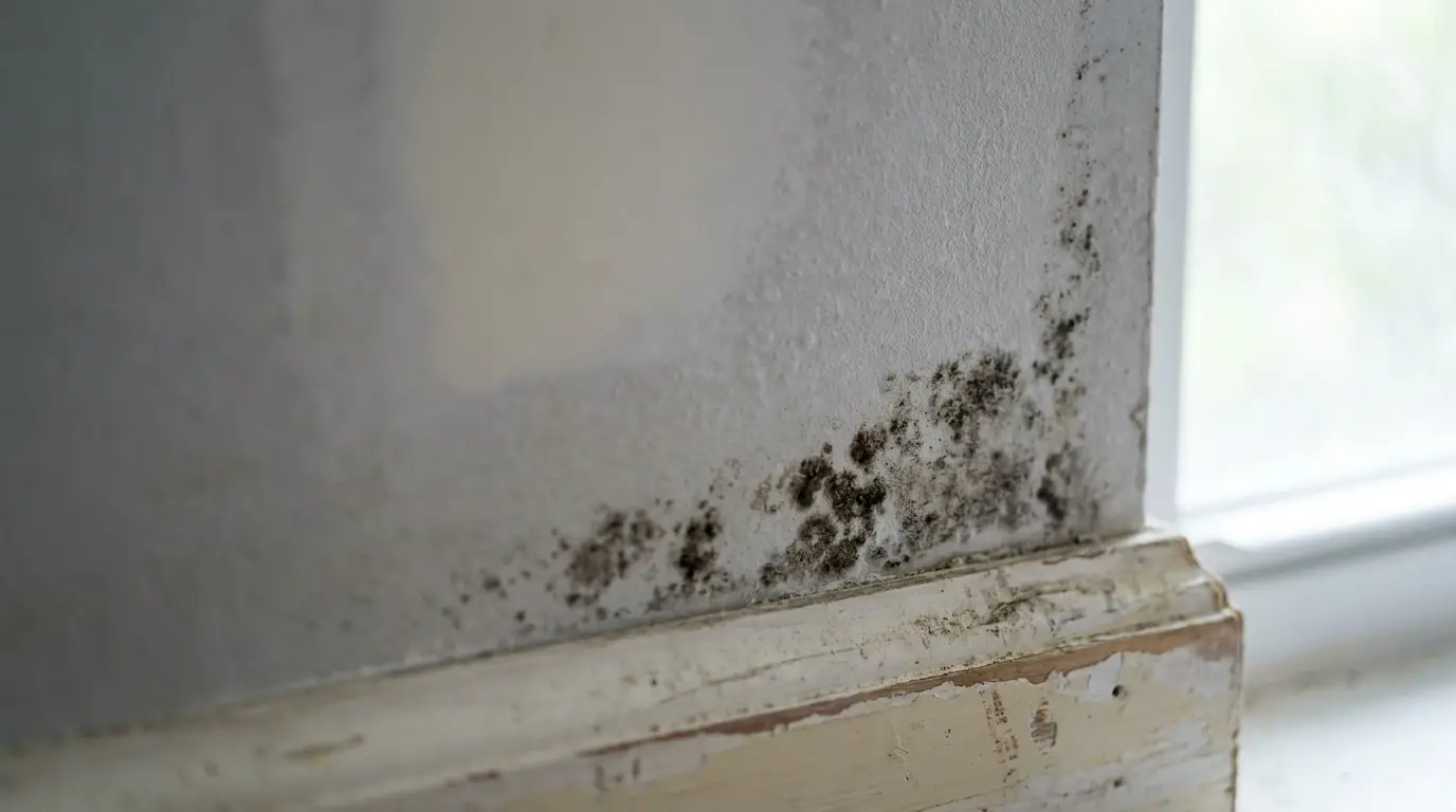 Mold growth on white painted wall above worn baseboard near window