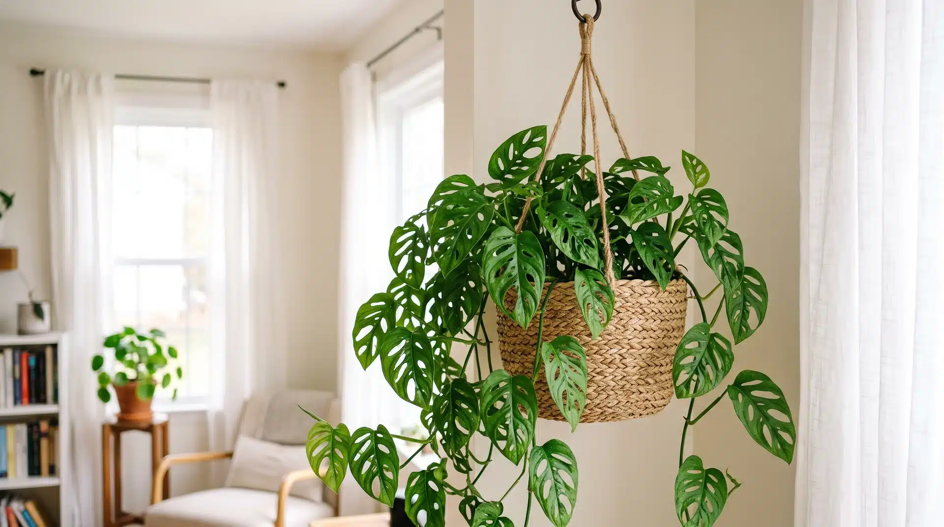 Monstera adansonii hanging plant with hole-filled green leaves on trailing vines indoors.
