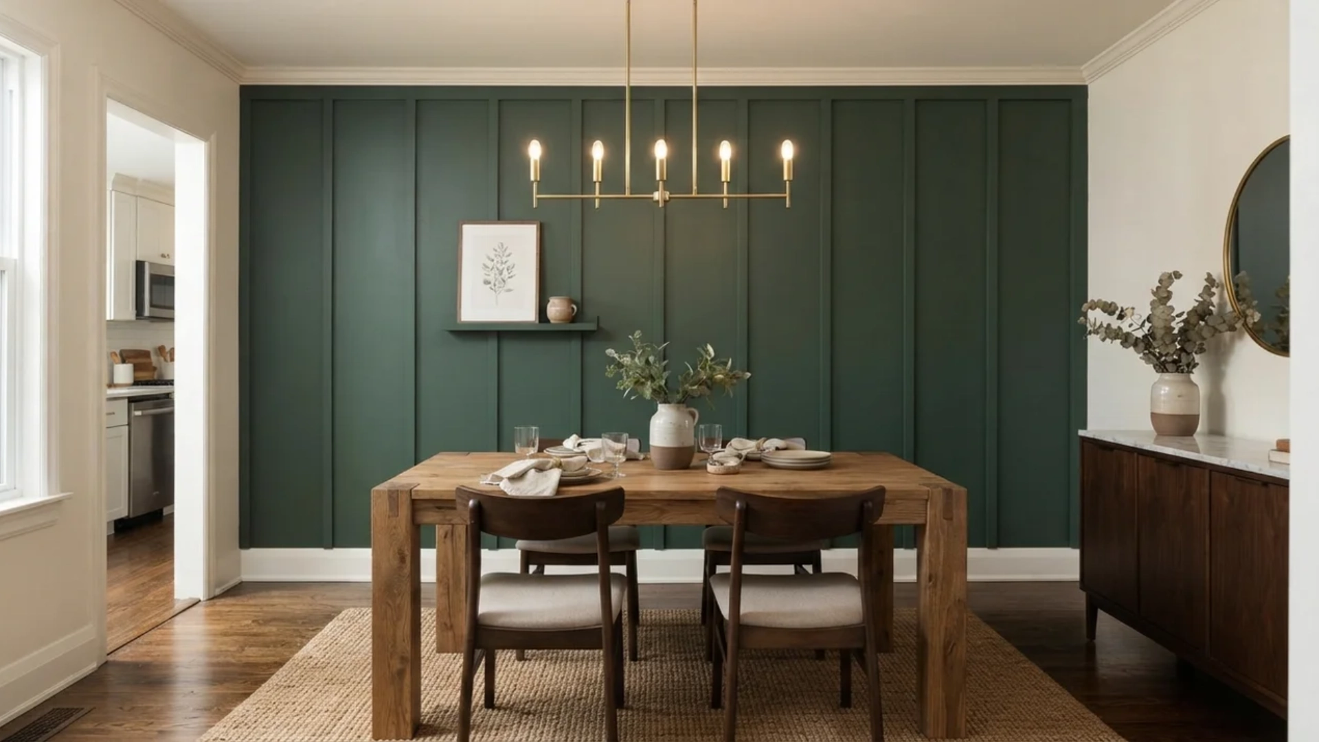Dining room featuring a dark hunter green board-and-batten accent wall behind a wooden table