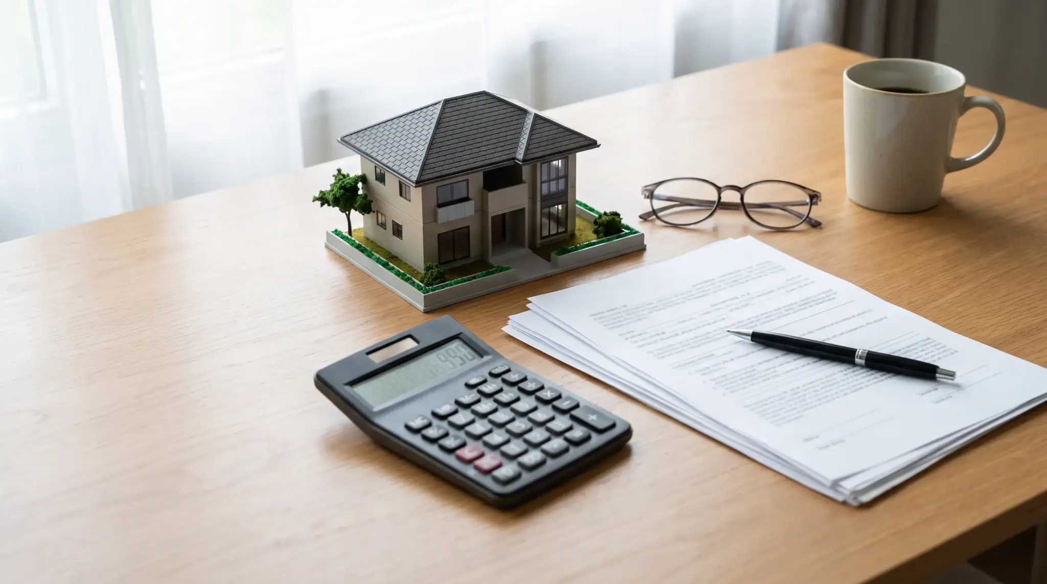 House model, calculator, and loan documents representing mortgage rates and monthly payments