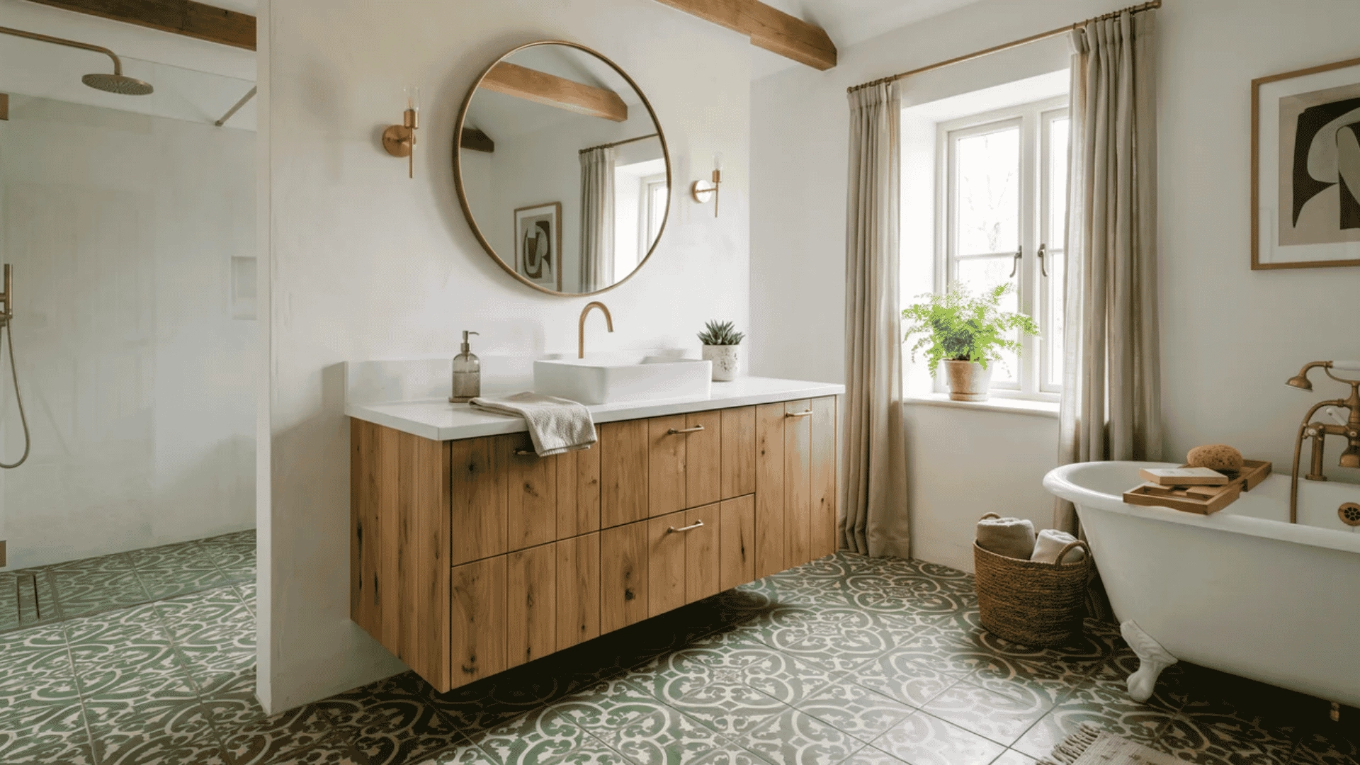 Moss green floor tiles with warm timber vanity