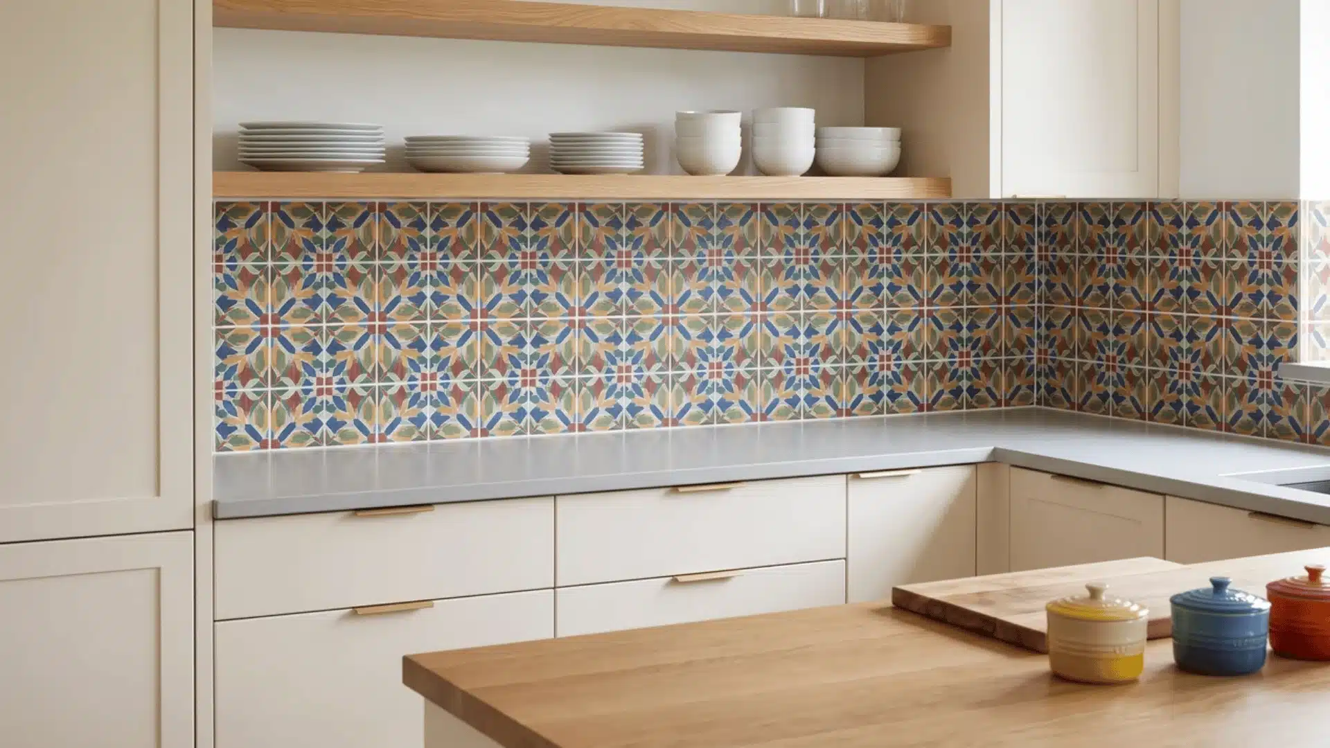 Multicolored geometric tile backsplash with plain countertops and neutral cabinets in an eclectic kitchen