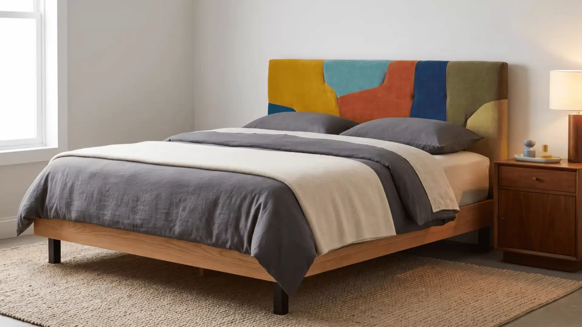 Multicolored patterned headboard with solid neutral bedding, a vintage nightstand, and a plain woven rug