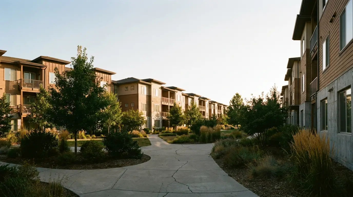 Modern apartment buildings with balconies and landscaped walkway in early morning light