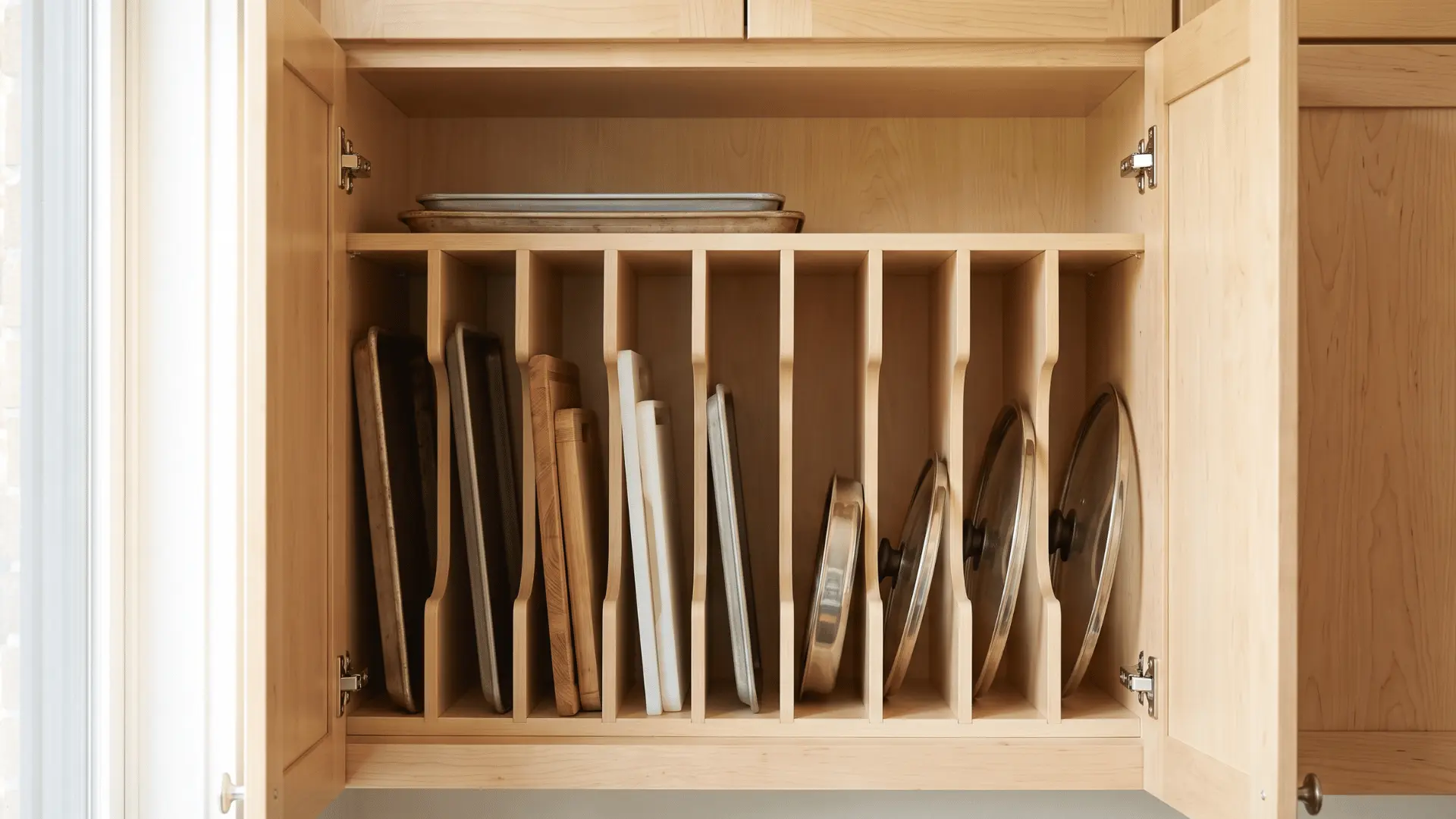 Narrow kitchen cabinet with baking sheets, cutting boards, trays, and pan lids stored upright between dividers.