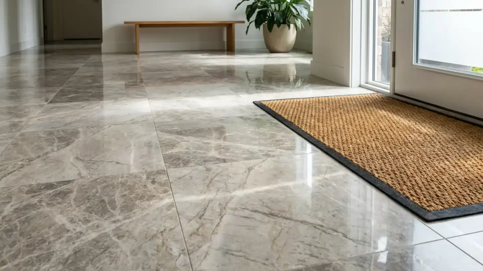 polished marble stone flooring slabs installed in an entryway foyer with natural light