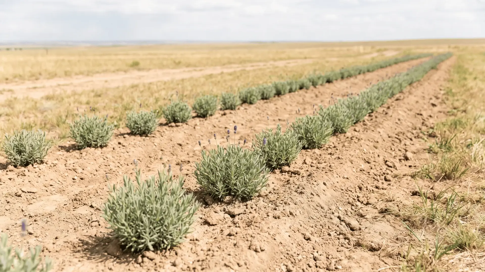 Newly planted lavender nursery plants in an open sunny site on gently sloping ground