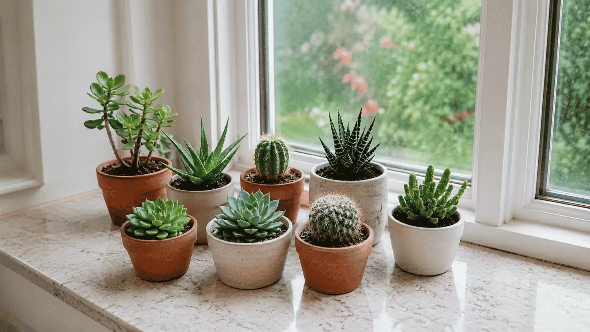 Newly planted succulents in small pots beside a bright window receiving soft natural light