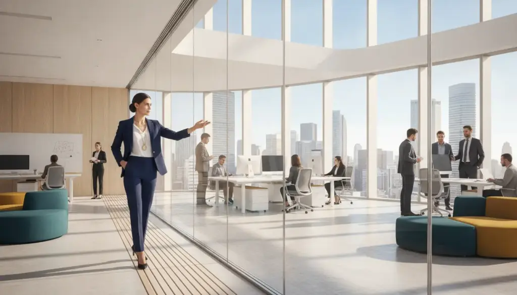 Businesswoman walking in modern office with colleagues working at desks and large city view windows
