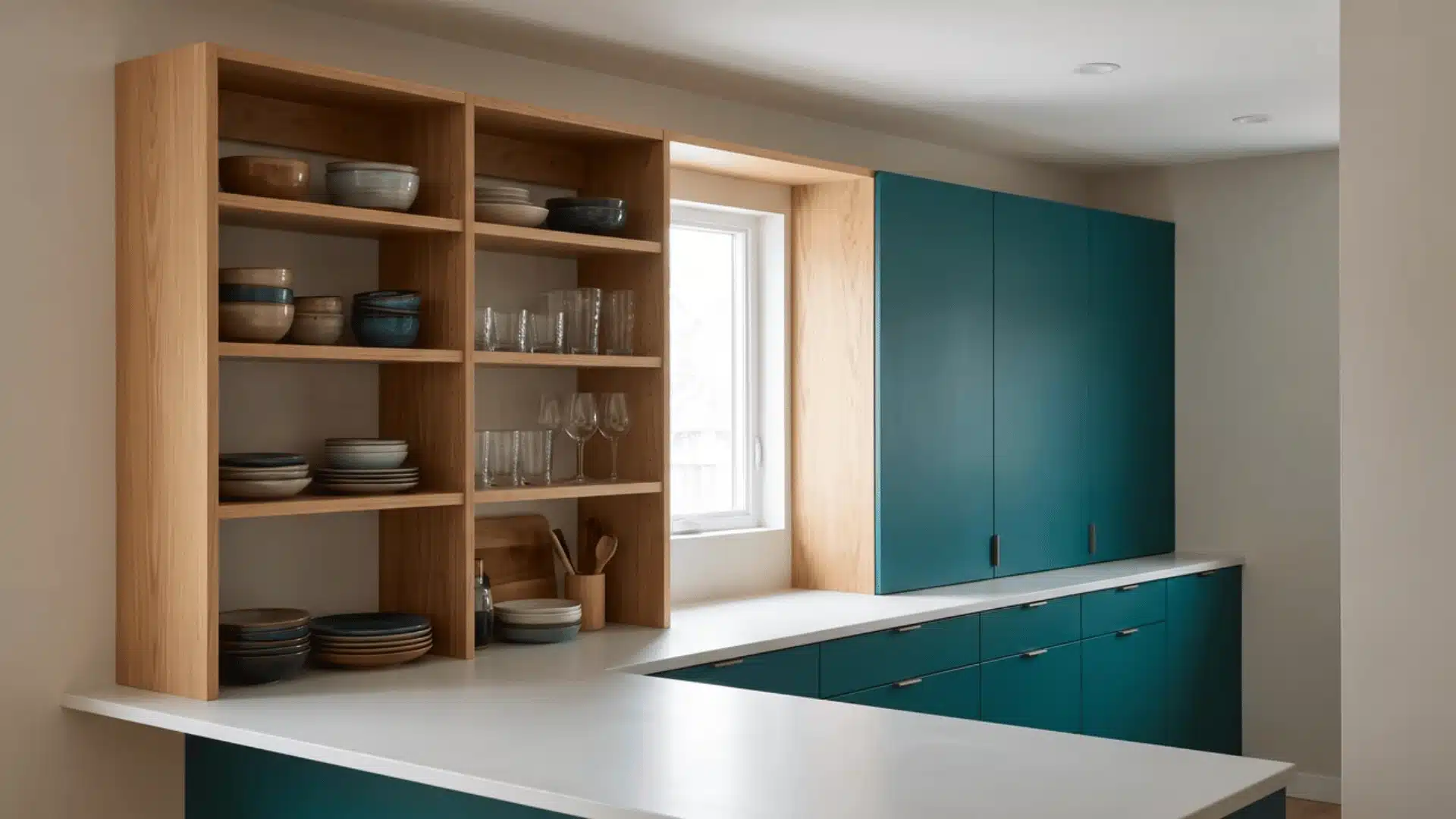 Open wood shelves with dishes and glassware beside colorful flat-front cabinets in a modern eclectic kitchen