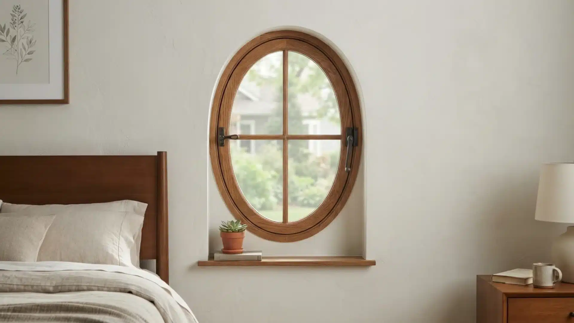 operable oval window with visible hardware in bedroom wall