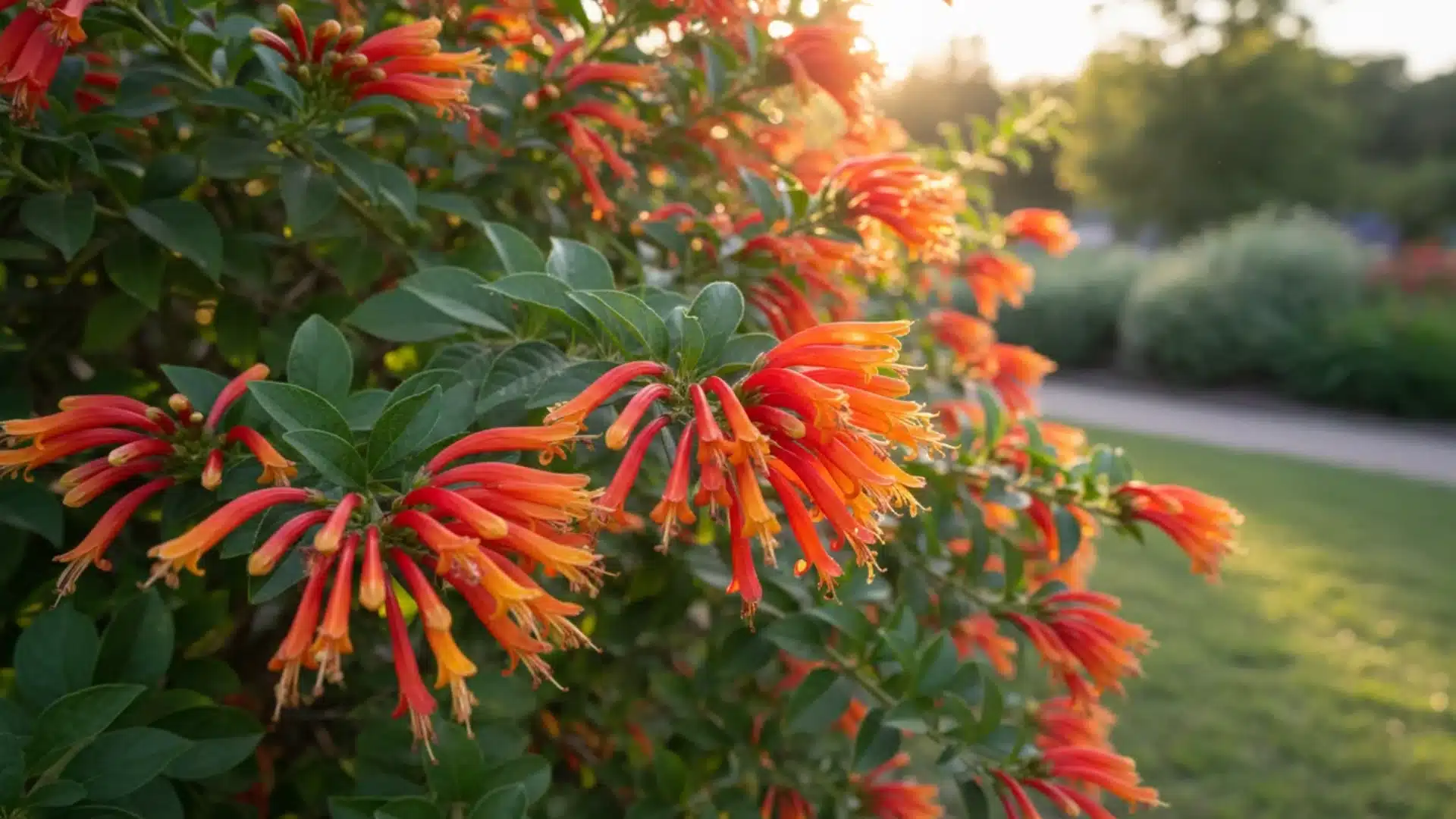Clusters of bright orange and red tubular honeysuckle flowers growing on green leafy vines.