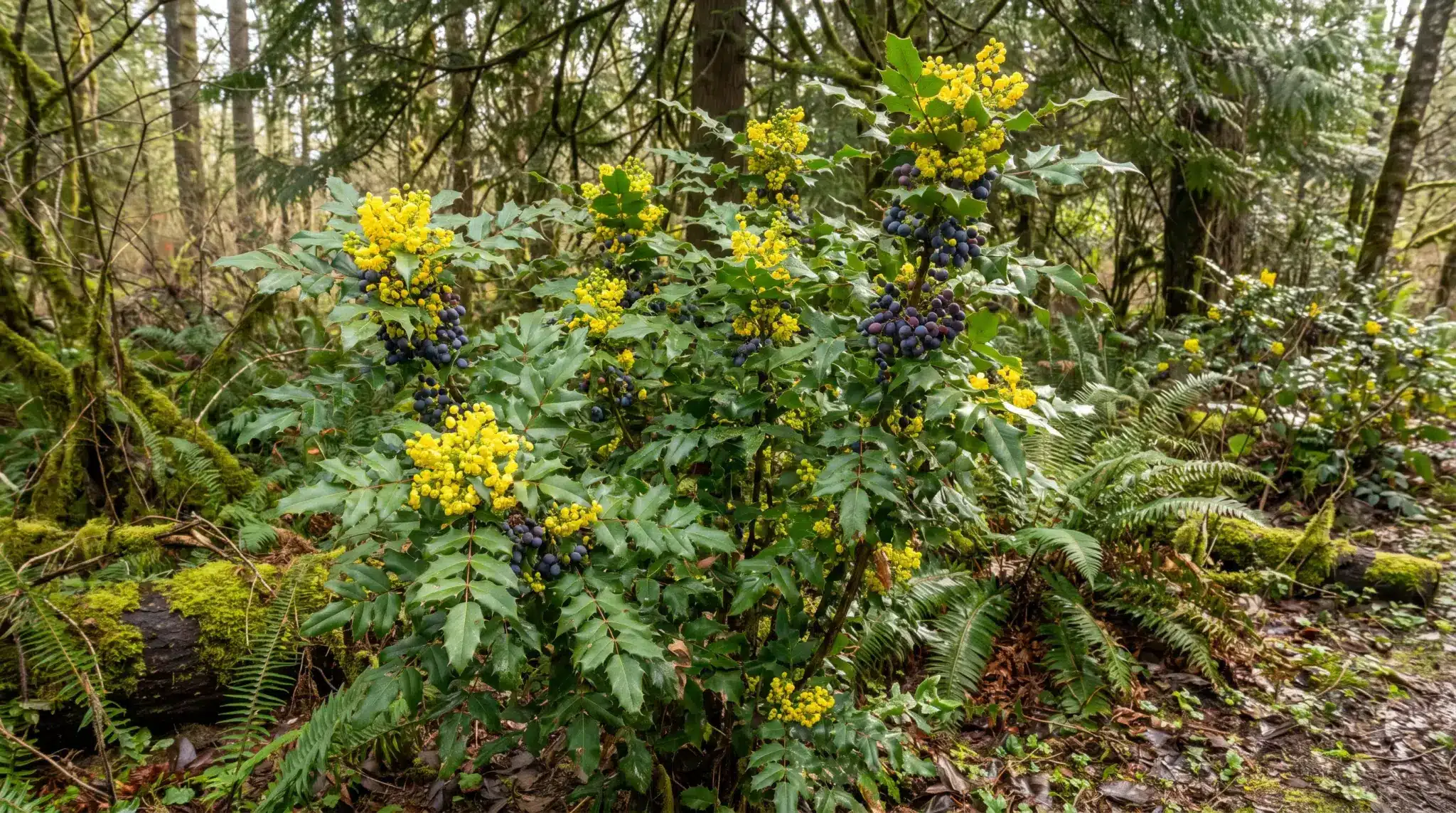 Oregon grape with spiny evergreen leaves, yellow flowers, and dark berries in a natural border.