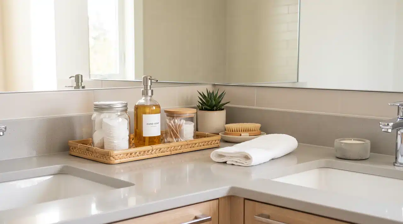 Bathroom counter organized with matching containers and decorative storage.