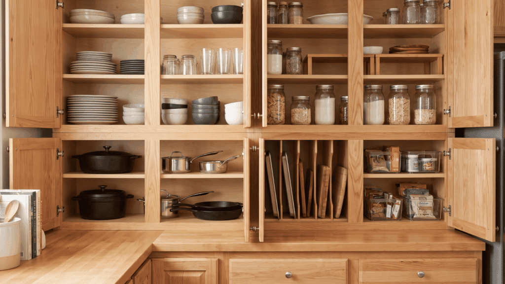 How to Organize Kitchen Cabinets for Everyday Use Organized kitchen cabinets with dishes, cookware, pantry containers, shelf risers, and storage bins.