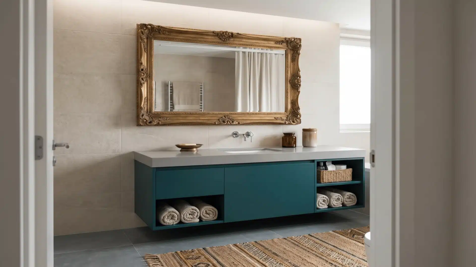 Ornate vintage mirror above a colorful clean-lined vanity in a modern eclectic bathroom