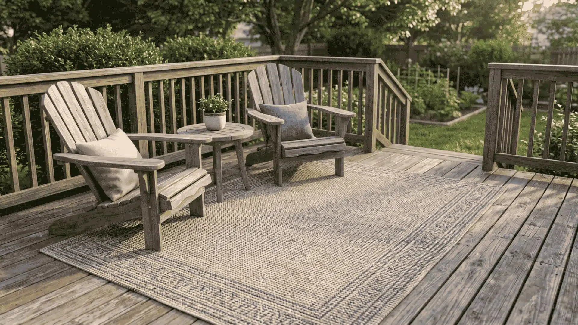 Outdoor rug beneath chairs and a small table on a wooden deck