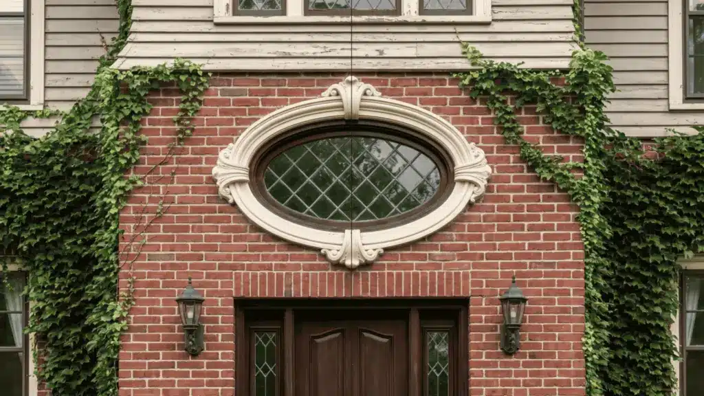 Oval window with decorative trim on a traditional home exterior