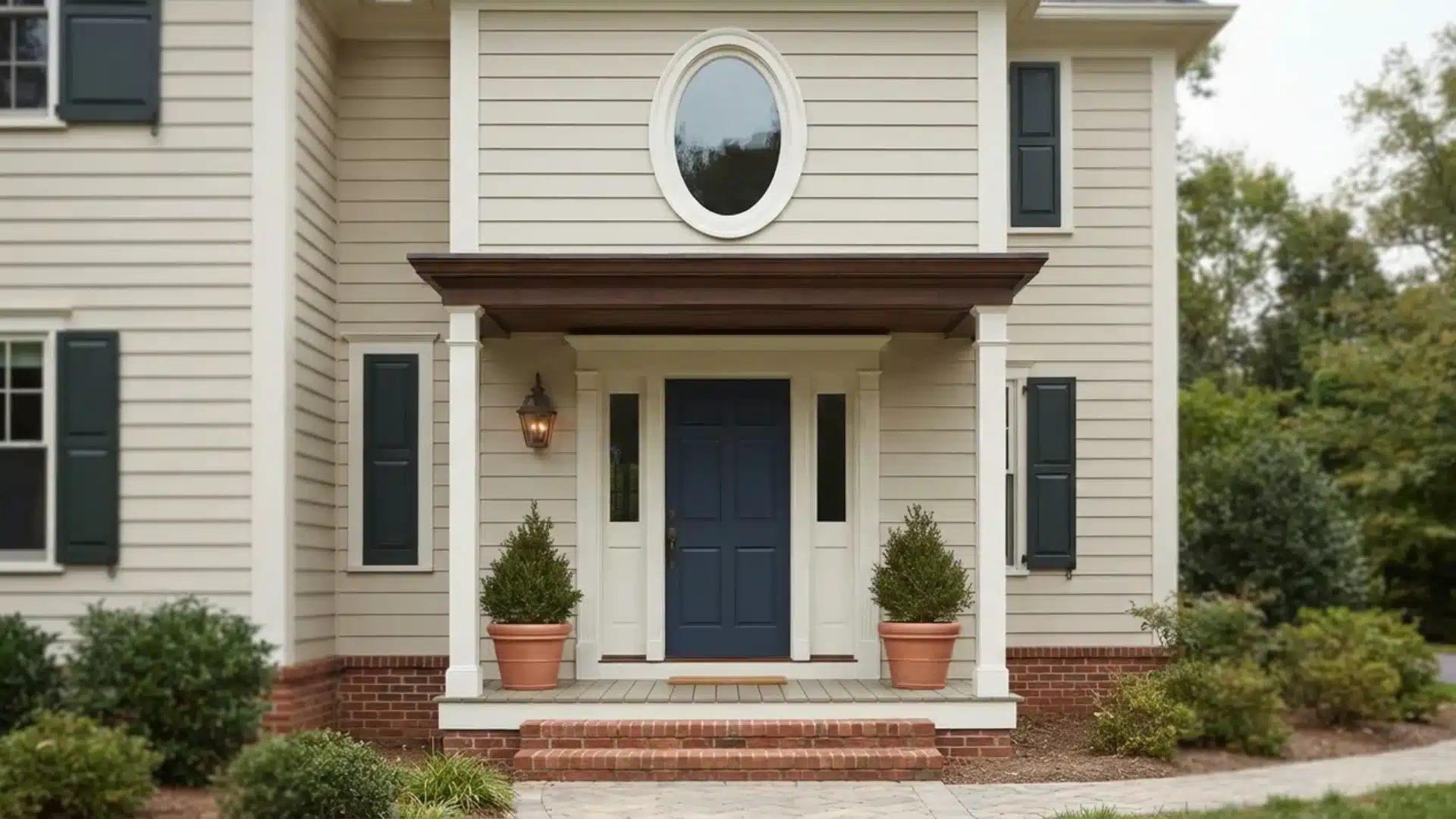 oval window installed above front door on traditional home exterior