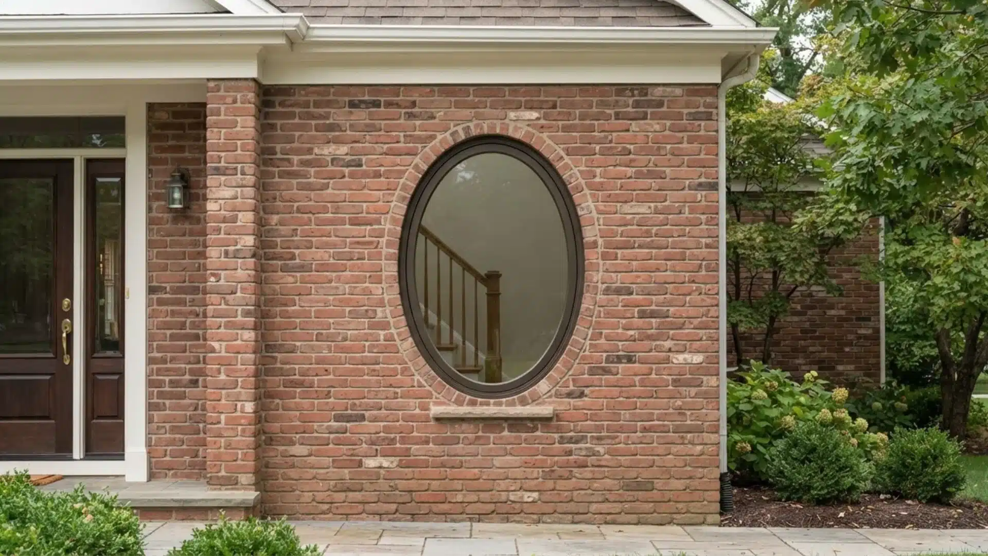 oval window set into brick wall with contrasting frame