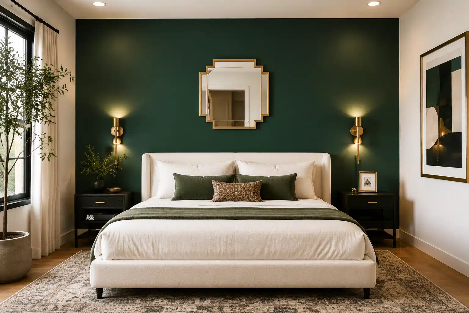 Forest emerald Art Deco accent wall behind an ivory linen bed with brass sconces and geometric mirror in a minimal bedroom