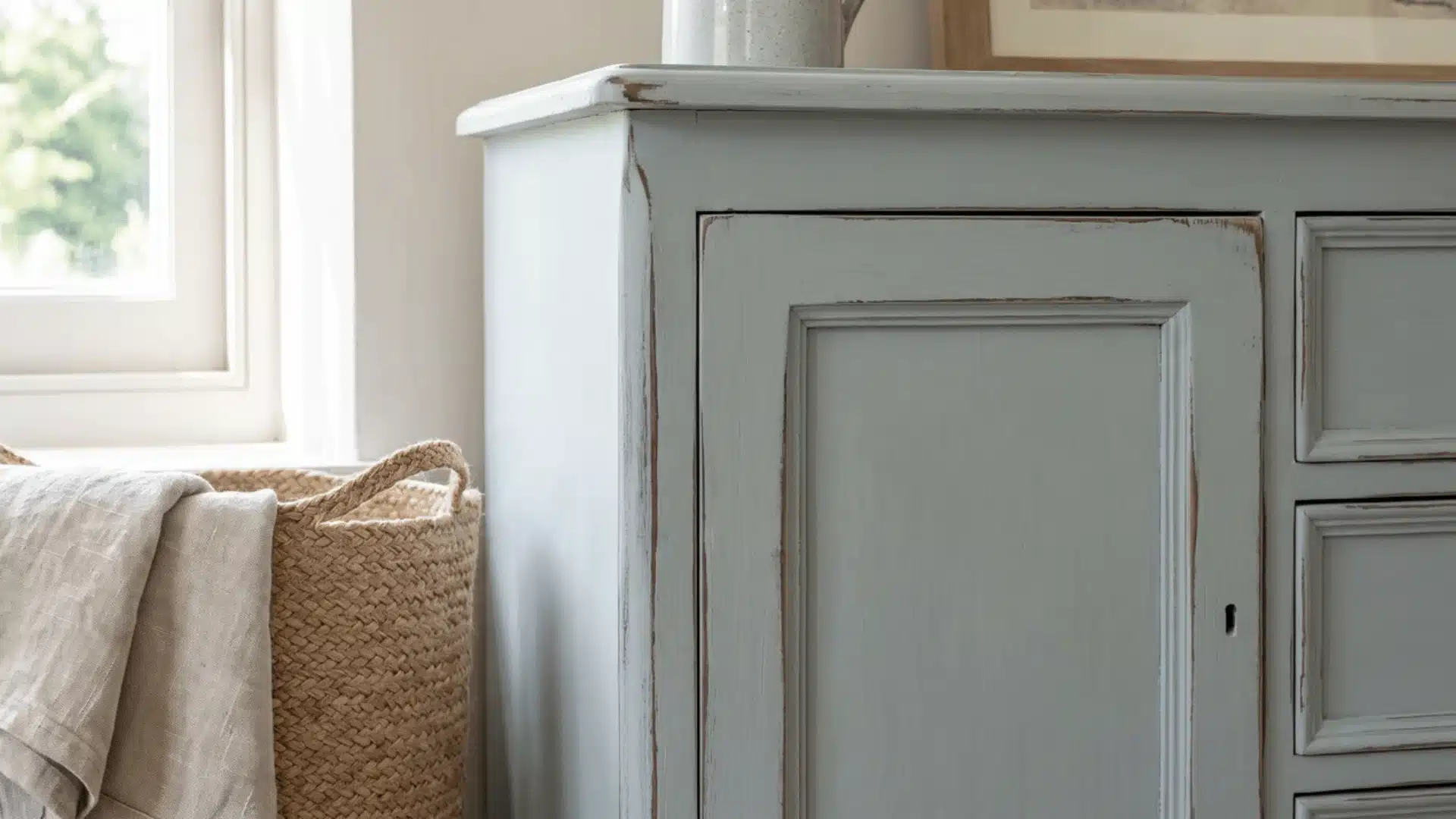 Chalk painted wooden furniture with distressed edges in a living room