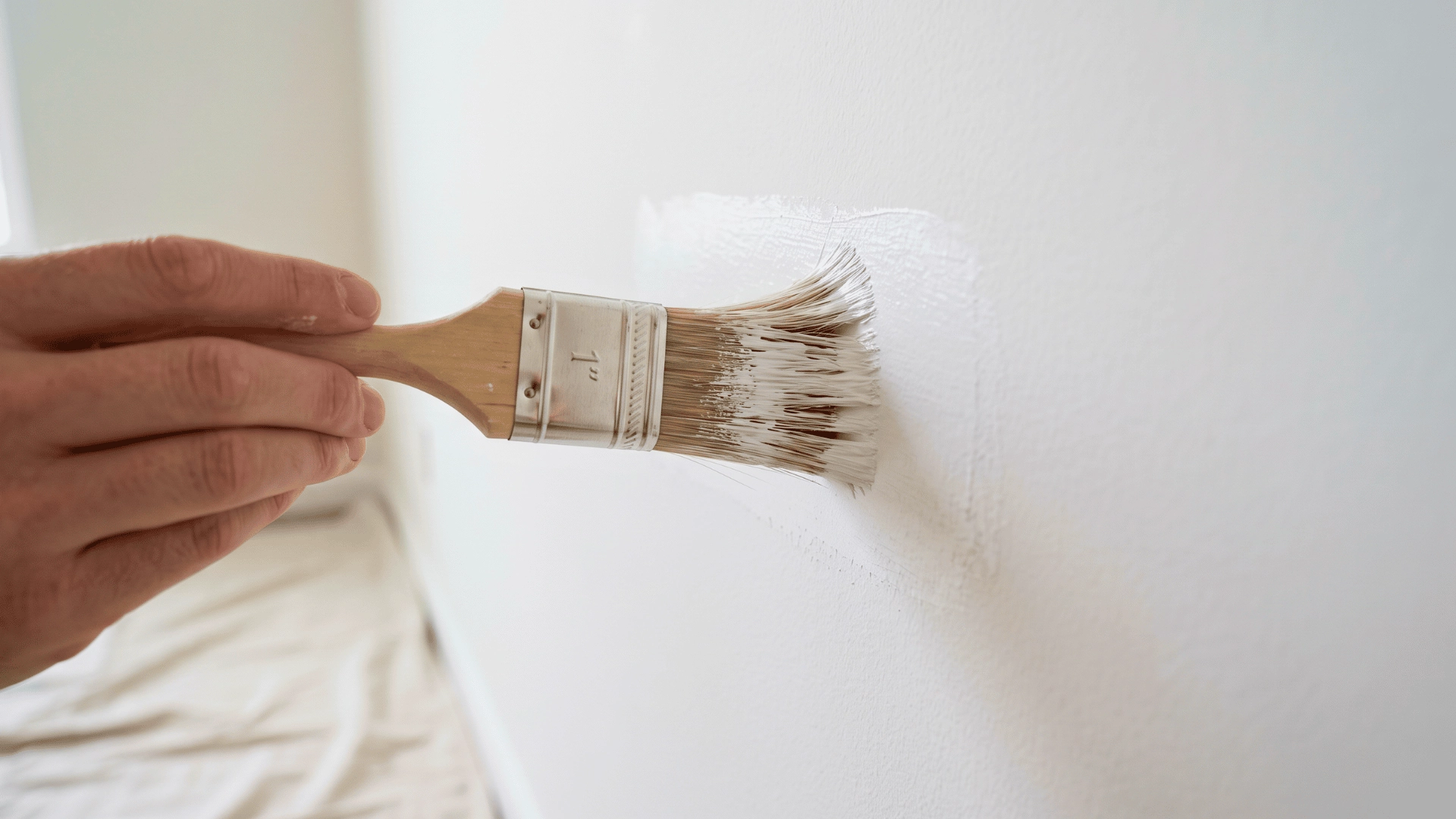 Paintbrush applying white paint over a repaired section of a textured wall.