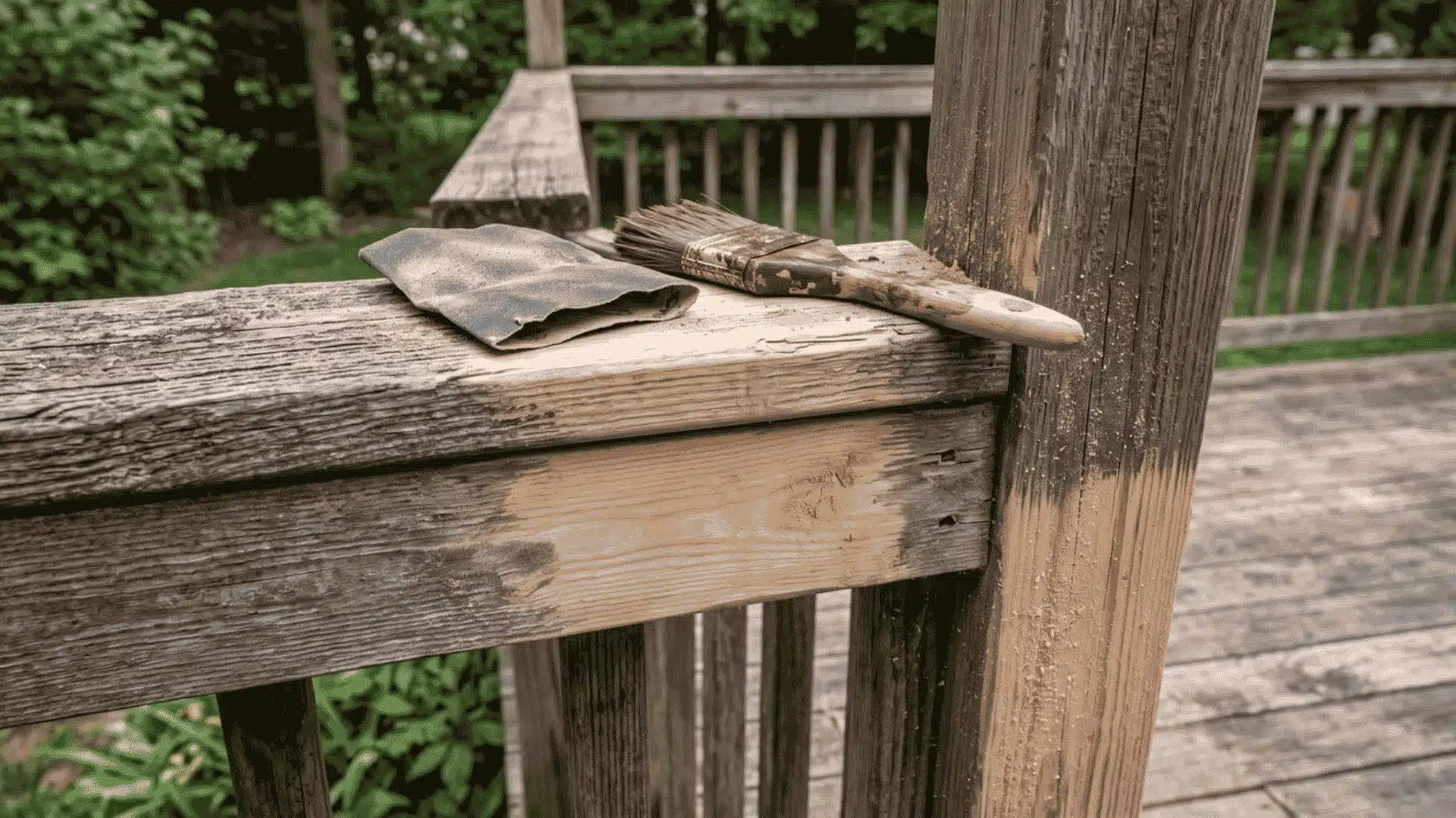 Partially sanded wooden deck railing with sandpaper and a stain brush nearby