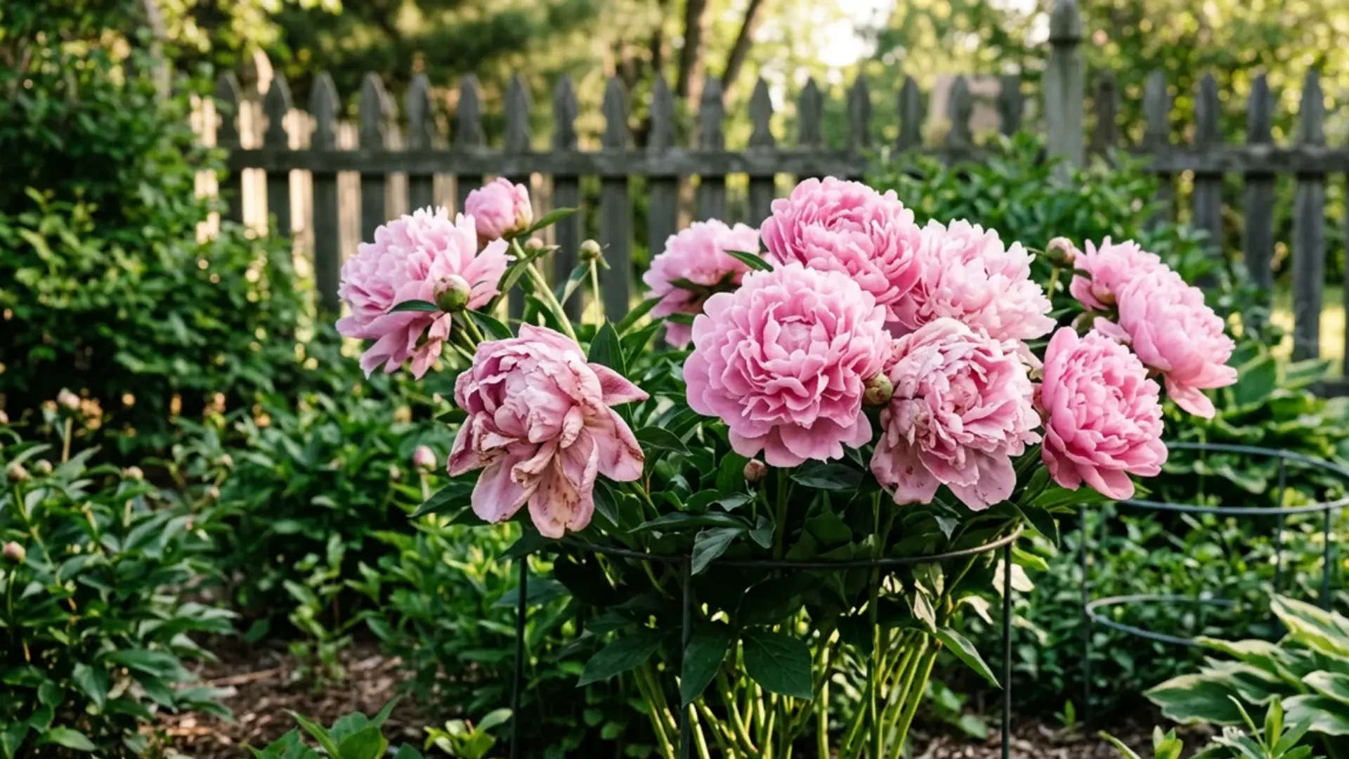 Pink peony blooms with thick stems growing in a backyard flower bed