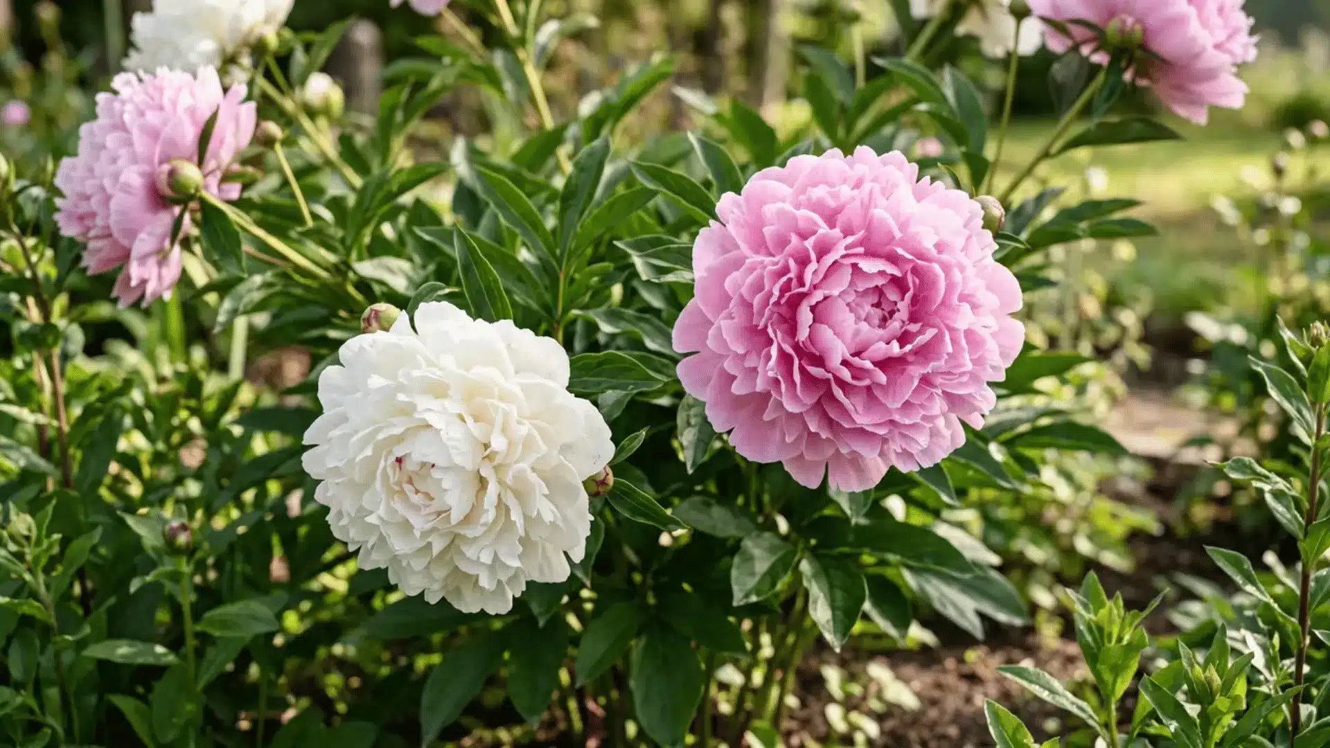 Peony blooms growing on leafy garden stems