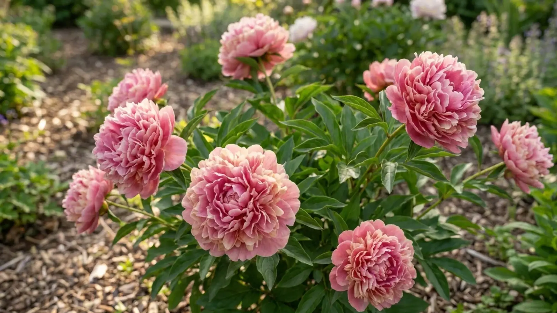 Large pink peony blooms with layered petals growing on a mature garden shrub outdoors