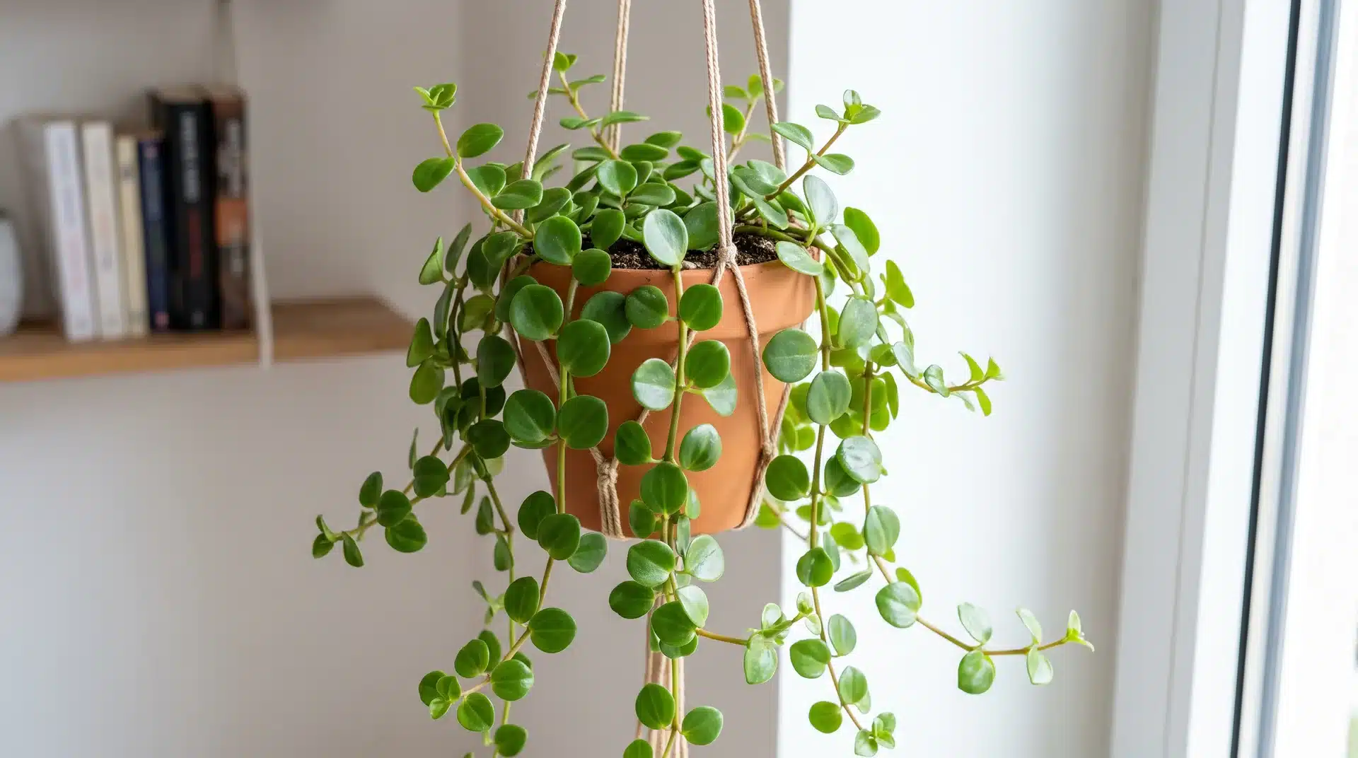 Peperomia rotundifolia with small round leaves on trailing stems in a hanging pot.
