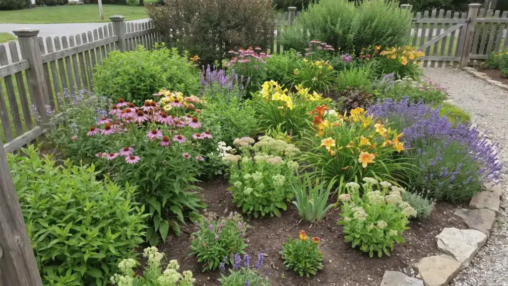 21 Perennials Plants That Come Back Every Year Perennial garden bed with flowering plants and green foliage