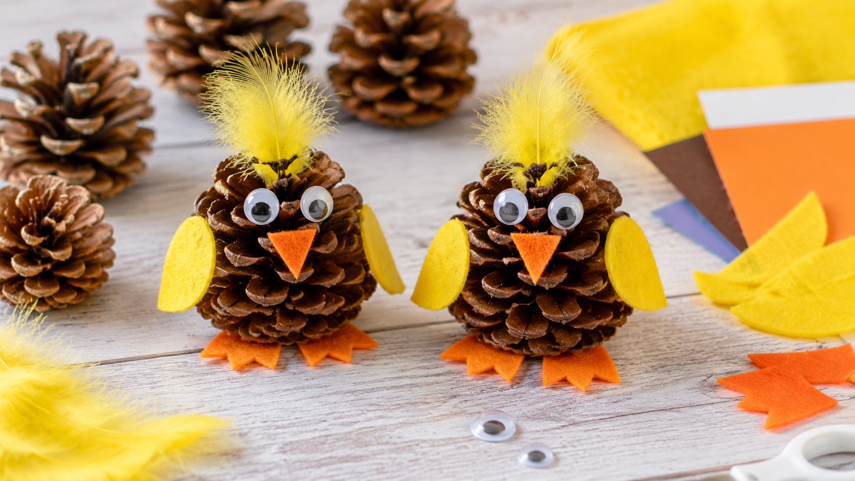 Pinecone chick craft with felt wings