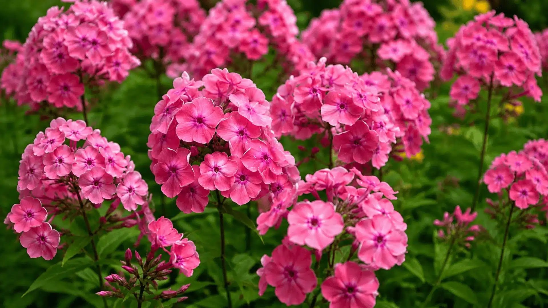 Pink phlox flowers blooming in a garden with green foliage background.