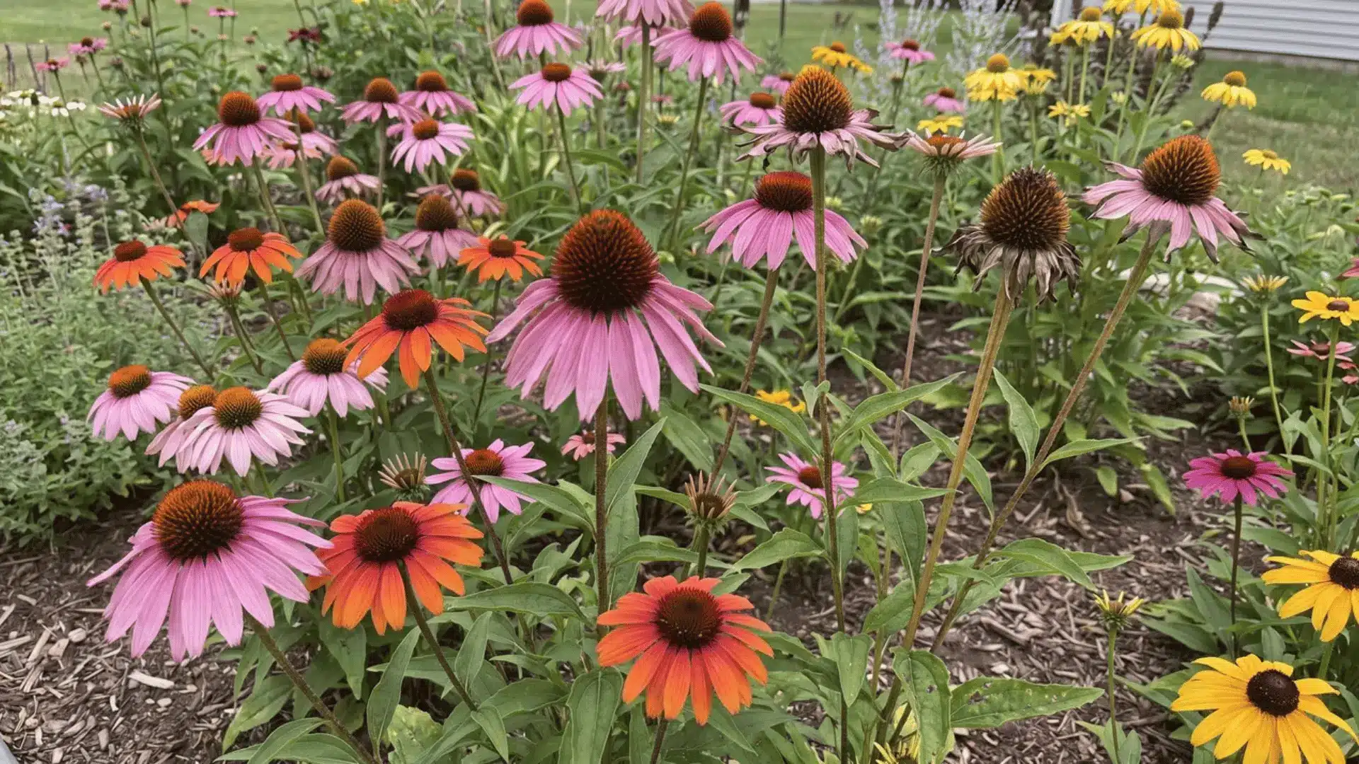 Pink, purple, orange, and yellow coneflowers with drooping petals and raised central cones