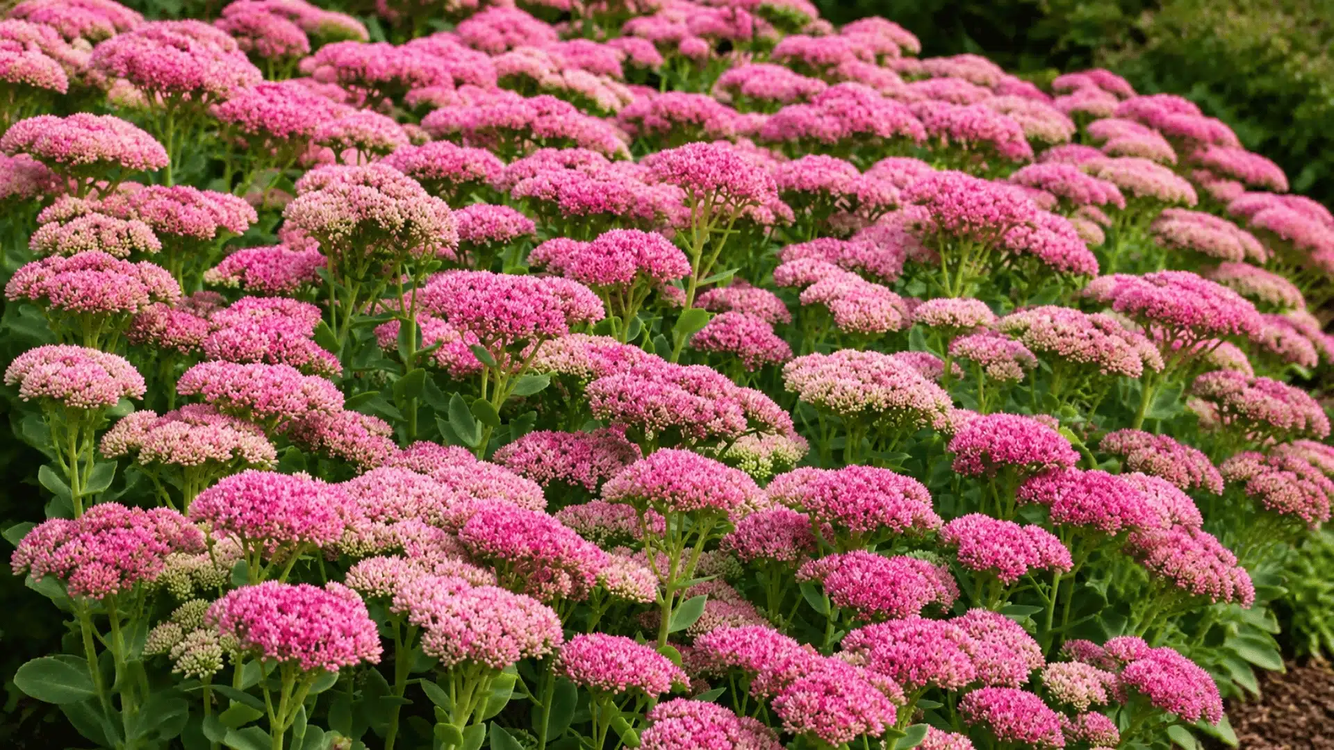 Pink sedum flowers blooming in clusters with green foliage in a garden setting.