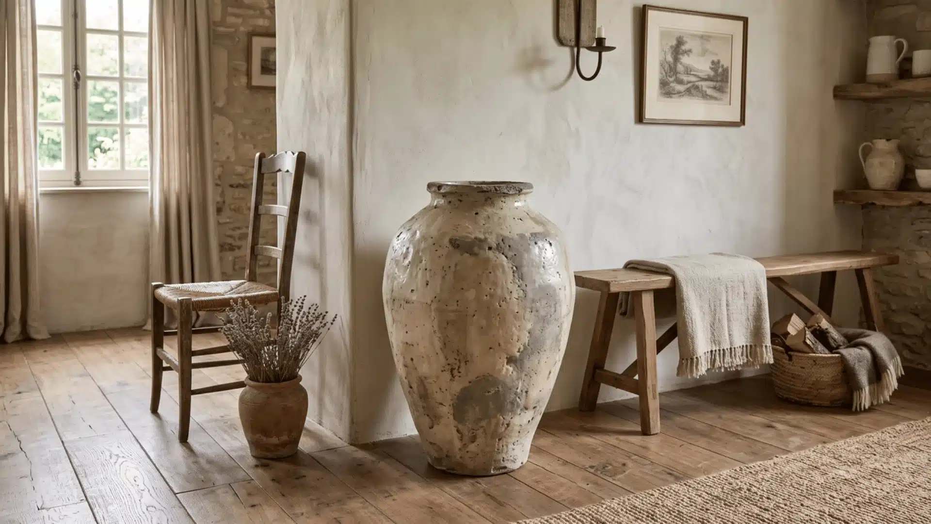 Large ceramic vase placed on the floor in a living room